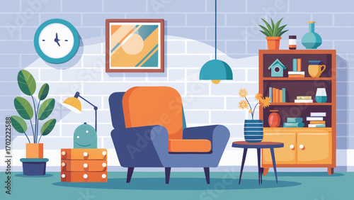 Vector art of cozy living room interior with armchair, bookshelf, and decorations creating a comfortable and inviting atmosphere for relaxation and leisure