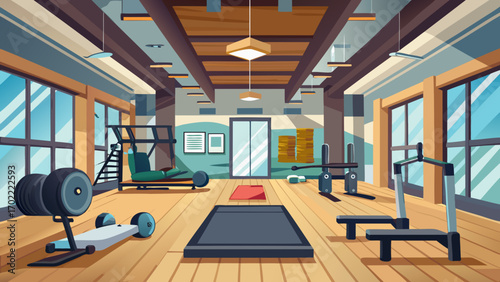 Vector art of spacious gym interior with various exercise machines, natural light, and a clean design, providing a comfortable space for physical training and recreation