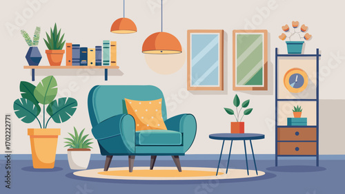 Vector art of inviting living room interior with armchair, plants, and decor, creating a comfortable and stylish space for relaxation and leisure at home