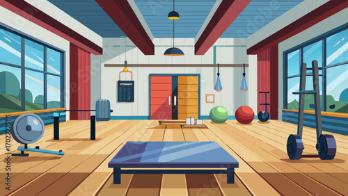 Vector art of spacious cartoon gym interior featuring weightlifting equipment, exercise balls, and a vibrant color scheme, promoting fitness and wellbeing