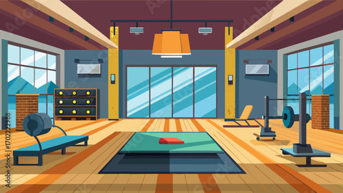 Vector art of modern cartoon gym interior with weightlifting platforms, cardio machines, and panoramic windows, creating an inspiring and energetic atmosphere
