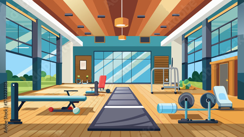 Vector art of gym interior with sport equipment, fitness center with exercise machines and empty space training apparatus, dumbbells and treadmills vector illustration