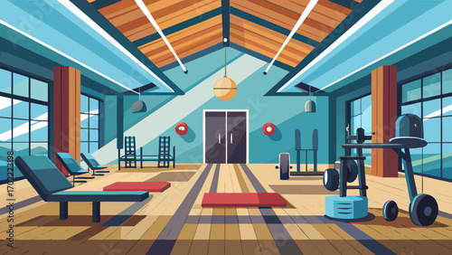 Vector art of gym interior with sport equipment, fitness center with exercise machines and empty space training apparatus, dumbbells and treadmills vector illustration