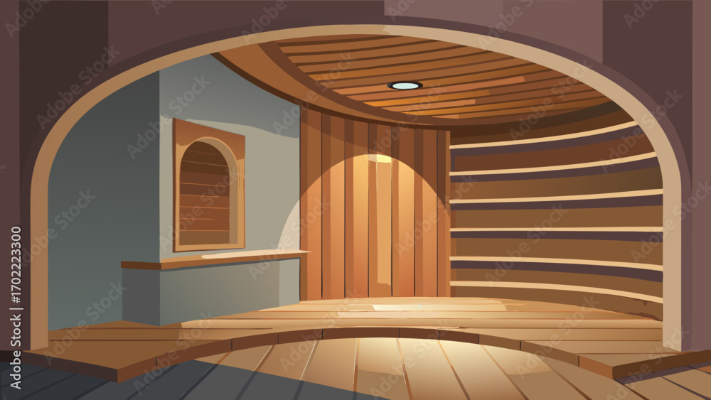 Obraz premium Vector art of unique wooden room interior with curved walls and shelves, creating a distinctive and artistic space with a focus on natural materials