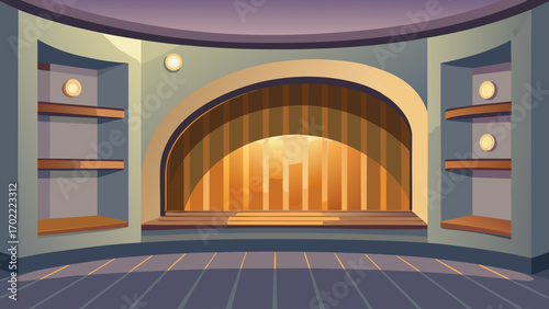 Vector art of cartoon vector illustration of empty stage with curtains, spotlights and shelves in the theater, opera or cinema for performance or show