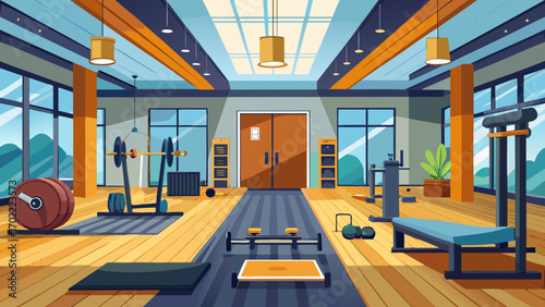 Vector art of cartoon vector illustration of gym interior with exercise equipment, weight, dumbbell, fitness ball for workout, training, sport and healthy lifestyle