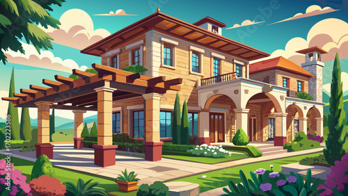 Stunning fragment of a European luxury villa, featuring natural stone facades, wooden pergolas, wide terraces, and lush gardens, radiating harmony, timeless style, and modern sophistication.