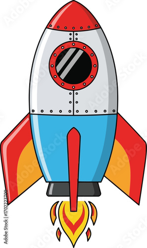Retro rocket ship launching flame illustration space travel adventure vector