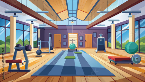 Vector art of spacious gym with exercise machines, wooden floors, and large windows, providing a vibrant and energetic atmosphere for physical activity
