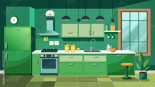 Vector art of a serene green kitchen interior featuring modern appliances, ample counter space, and natural light, creating a functional and aesthetically pleasing cooking environment