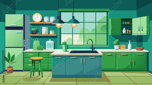Vector art of a modern kitchen interior with green cabinets, a central island, and a large window, creating a bright and inviting space for cooking and gathering