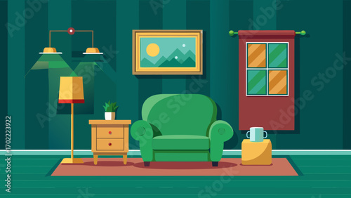 Vector art of a cozy living room interior with a green armchair, warm lighting, and decorative elements, creating a comfortable and inviting space for relaxation