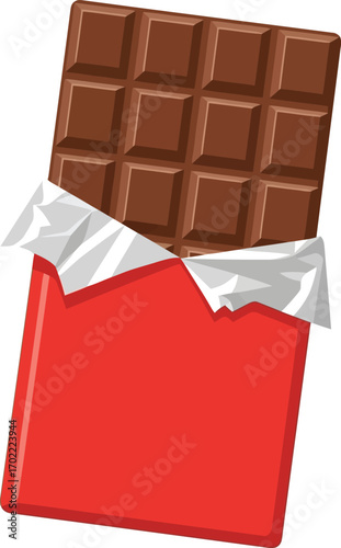 Delicious milk chocolate bar unwraped red wrapper sweet treat dessert snack vector