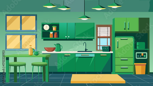 Vector art of a cozy green kitchen interior featuring modern appliances, stylish cabinets, and a dining area, creating a functional and inviting space for cooking