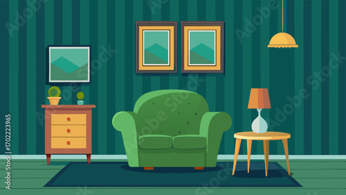 Vector art of cozy living room interior with green walls, armchair, table lamp, and paintings, creating a relaxing and inviting atmosphere for residents and guests