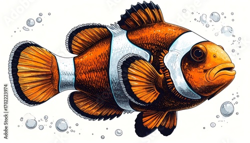 Vibrant illustration of an orange and white clownfish, showcasing intricate details and a lively underwater atmosphere.