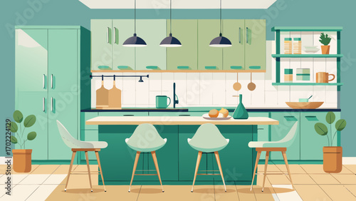 Vector art of stylish kitchen interior with green cabinets, island, and bar stools, creating a functional and aesthetically pleasing space for cooking and socializing