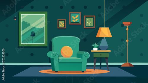 Vector art of cozy living room interior with armchair, lamp, pictures on the wall, and rug, creating a comfortable and inviting space for relaxation and leisure