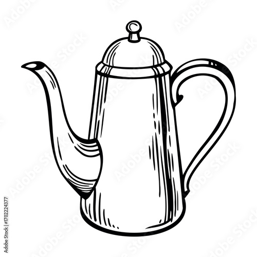 A vintage teapot with a long spout and a rounded body. The teapot features a lid with a small knob on top and a curved handle.
