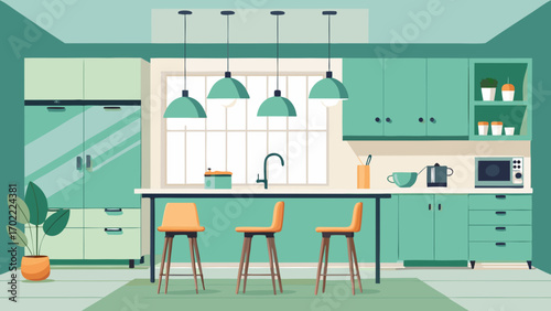 Vector art of modern kitchen interior with island, stools, cabinets, appliances, and plant, creating a functional and stylish space for cooking and dining
