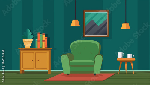 Vector art of cozy living room interior with green armchair, wooden cabinet, picture frame, lamps, and coffee table, creating a comfortable and inviting atmosphere
