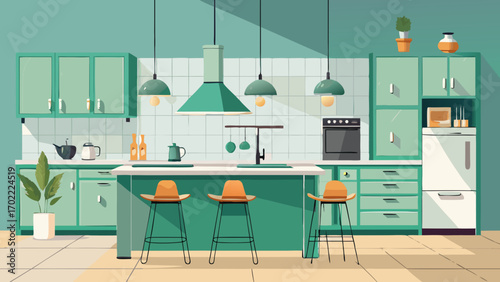 Vector art of modern kitchen interior with green cabinets, island, stools, and appliances, creating a functional and stylish space for cooking and dining
