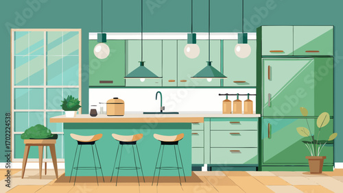 Vector art of a cozy and modern kitchen interior design with green cabinets, a kitchen island with stools, and large windows, creating a bright and inviting space
