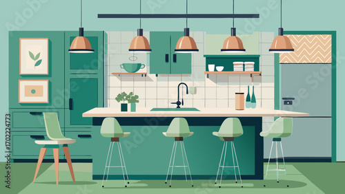 Vector art of a modern kitchen interior with green cabinets, a long island, and hanging lights creating a stylish and functional space for cooking and dining