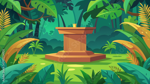 Vector art of a stone pedestal in a vibrant jungle, surrounded by lush foliage, creating a captivating scene for showcasing a product or adding a focal point