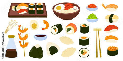 Sushi and sashimi platter featuring a variety of seafood, rice, and garnishes in a vibrant culinary display