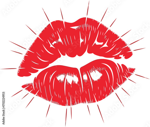 Vibrant red lipstick kiss mark with abstract starburst vector