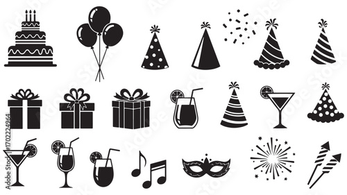 Collection of festive web icons for celebrations and events featuring gift boxes, balloons, and party symbols