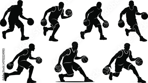 Silhouette basketball player dribbling and moving, sports action, athletic man, dynamic pose, basketball game, training, competition, vector illustration