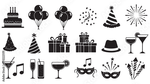 Collection of festive web icons for celebrations and events featuring gift boxes, balloons, and party symbols
