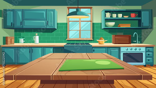 Vector art of rustic kitchen interior with wooden table, cabinets, and vintage appliances, creating a warm and inviting space for cooking and gathering