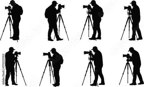 Silhouette of photographer using tripod camera, professional photography setup, man taking pictures, outdoor shooting scene, creative hobby, camera equipment