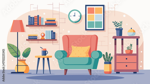Vector art of inviting living room interior with armchair, shelves, and decorative elements, creating a cozy and stylish space for relaxation and comfort