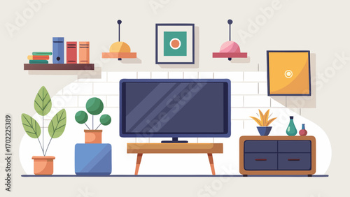 Vector art of cozy living room interior with modern furniture, tv, potted plants, books, and lamps, creating a comfortable and stylish home environment