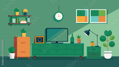 Vector art of a cozy living room with green walls, a green cabinet, and an orange cabinet, with various decorations and plants, creating a relaxing atmosphere