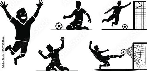 Silhouette soccer player celebrating goal, kicking ball, scoring in football match, sliding on ground, jumping with joy, sport action moment