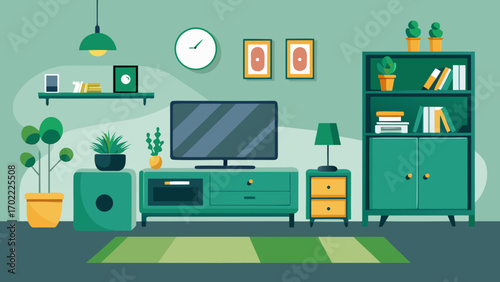 Vector art of modern living room interior with tv, shelves, plants, and furniture, creating a stylish and functional space for entertainment and relaxation