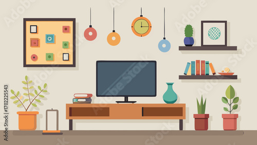 Vector art of a stylish living room with a beige wall, a wooden cabinet, and various decorations, including plants, lamps, and pictures, creating a warm ambiance
