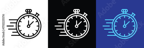 Fast stopwatch icon with motion lines, representing speed and time, isolated on white background