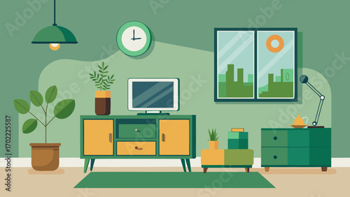 Vector art of cozy green living room interior with furniture, tv, plants, clock, and window, creating a relaxing and inviting atmosphere in a modern home