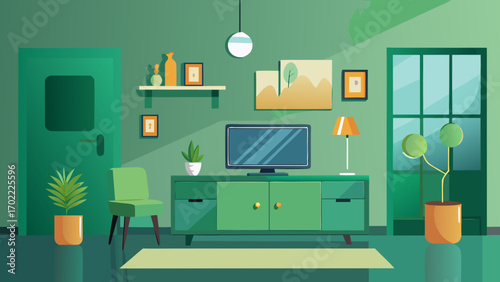 Vector art of greenthemed living room interior with television, plants, and decorations, creating a refreshing and modern space for relaxation