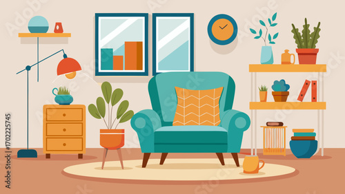 Vector art of inviting living room interior with armchair, plants, and decor, creating a cozy and stylish space for relaxation and comfort in a modern home