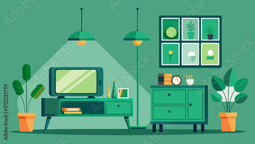 Vector art of a cozy green living room with a tv, plants, and artwork creates a relaxing and inviting space for entertainment and relaxation at home