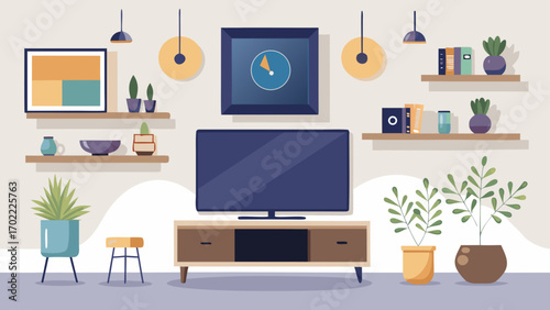 Vector art of a modern living room with a tv, shelves, and plants creates a stylish and comfortable space for relaxation and entertainment at home