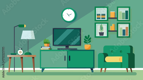 Vector art of modern living room interior with green theme, featuring tv, armchair, and decor, creating a stylish and comfortable space for relaxation