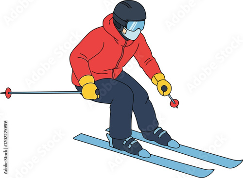 Winter skiing action pose red jacket snow sport excitement vector